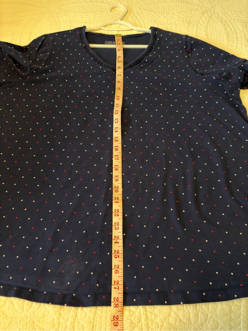 Catherines Navy V-Neck Short Sleeve Top with Red and White Dots - Picture 4 of 5